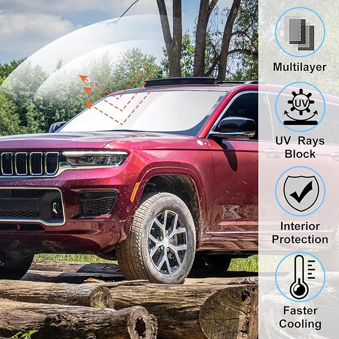 Windshield Sun Shade Custom Fit 2021-2024 2025 2026 Jeep Grand Cherokee L/Jeep Grand Cherokee SUV Accessories Front Window Sunshade Sun Visor Protector Blocks Rays