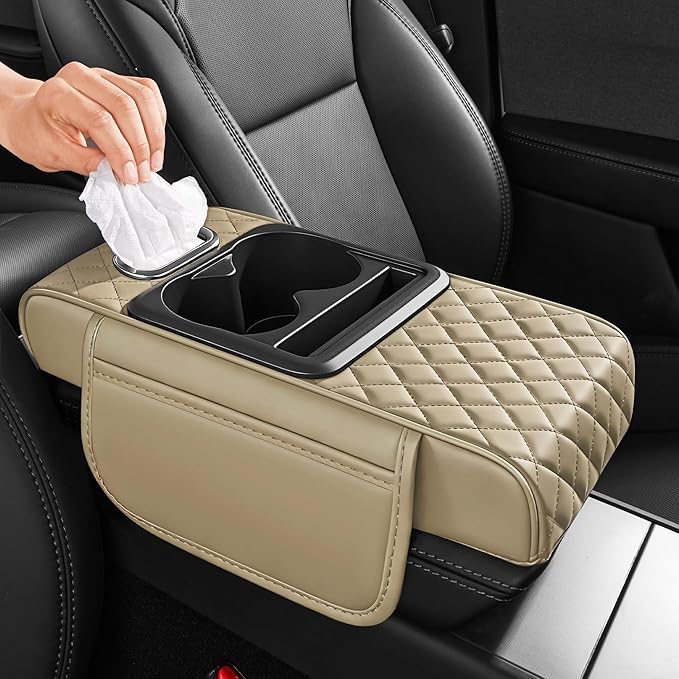 5 in 1 Car Center Console Cover, Armrest Pad with 2 Storage Pockets, Cup Holder, Tissue Box Slot, Phone Holder, Universal Car Interior Organizer (Beige)