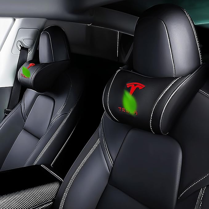 Car Headrest Neck Pillow Support Ergonomic, with Valve Stem Covers Accessory for Driving Seat Fatigue Relief Compatible with Model S X 3 Y & Cybertruck - 1 Piece