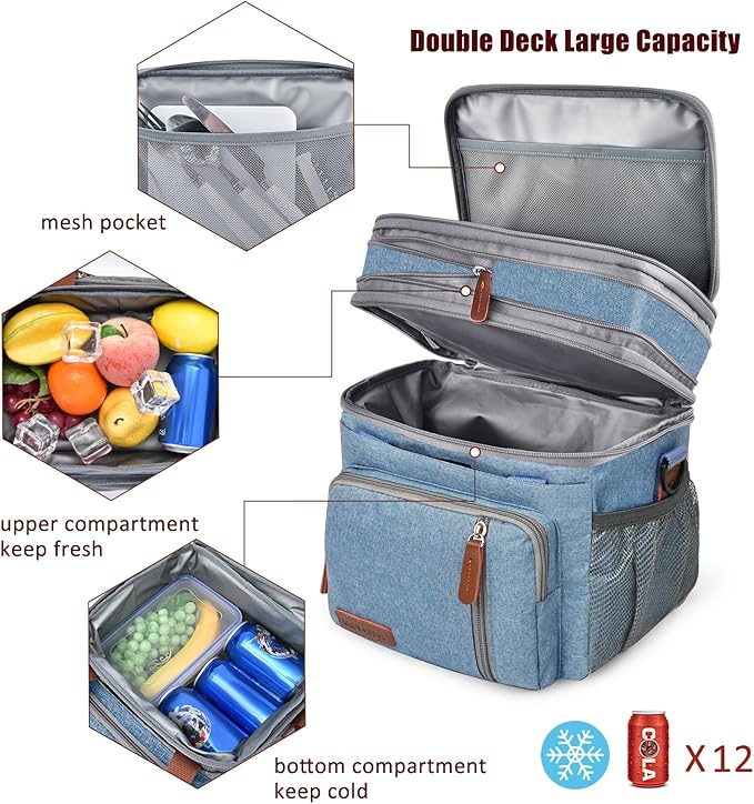 MIYCOO Lunch Bag & Lunch Box for Men Women, Double Deck Leakproof Insulated Soft Large Adult Camping Cooler bag for Work, Beach, Picnic, Travel (Blue, 15L)