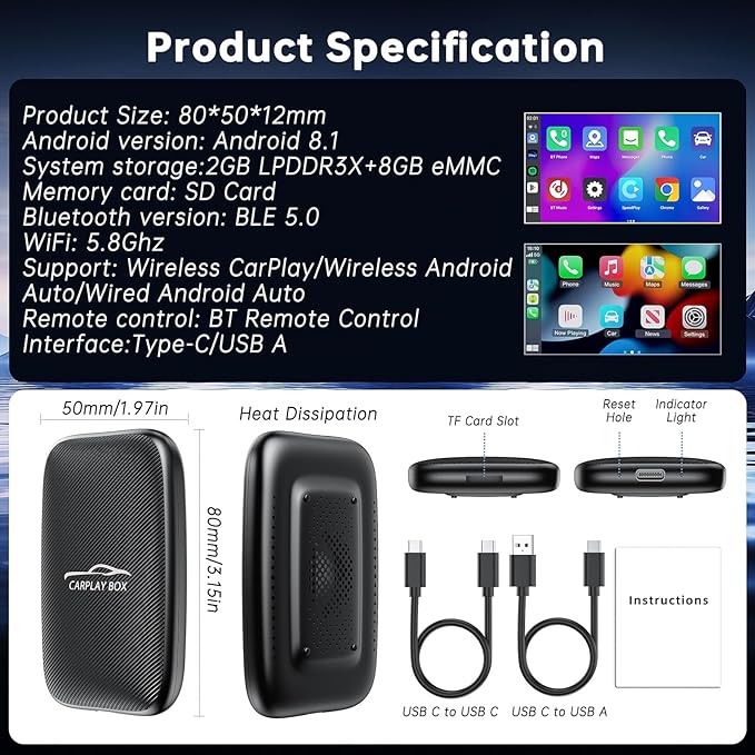 2026 New Wireless CarPlay Adapter Support Netflix/YouTube/TF, 5-in-1 Android Auto & Carplay Adapter with USB-A and USB-C Cables,Convert Wired to Wireless Apple Dongle, Video Box Car Play for iOS 10+