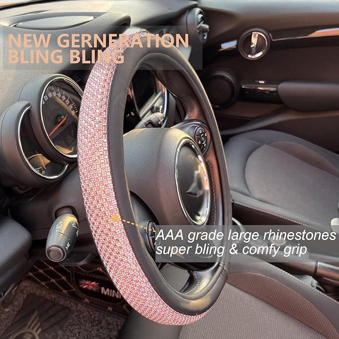 PINCTROT Bling Bling Comfy Steering Wheel Cover with Jumbo Crystal Rhinestones, Anti-Slip Diamond Leather, Universal 15 Inch (Pink)
