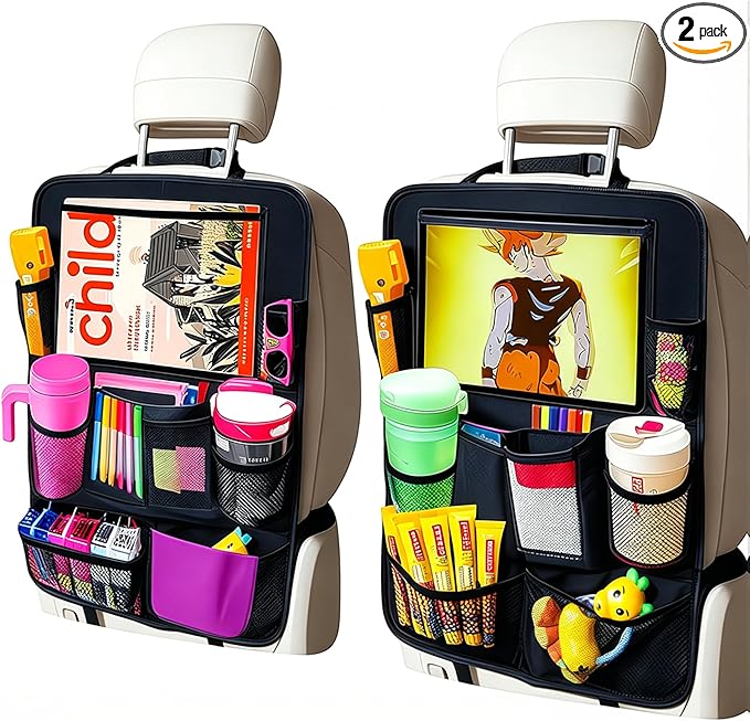 Car Organizer Kick Mats Back Seat Protector, Car Back Seat Organizer with Tablet Holder Pocket for Kids, Travel Accessories with 10 Storage Pockets, 2 Pack