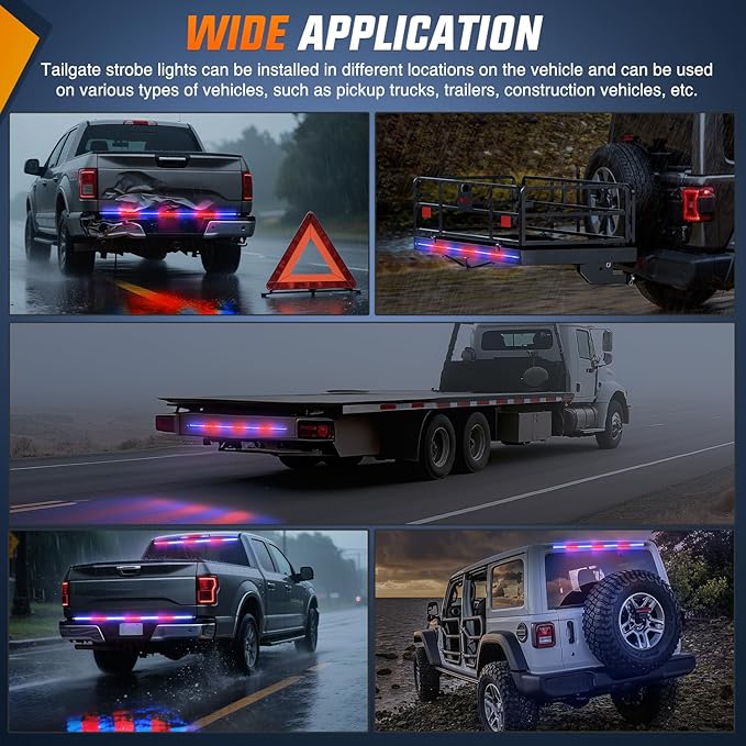Nilight 60 Inch Truck Tailgate Strobe Light Strip Tail Emergency Bar Rear Window Warning Lamp Ultra-Bright Double Row 360 LED for Pickup Trailers Construction Vehicles Car SUV, Red Blue
