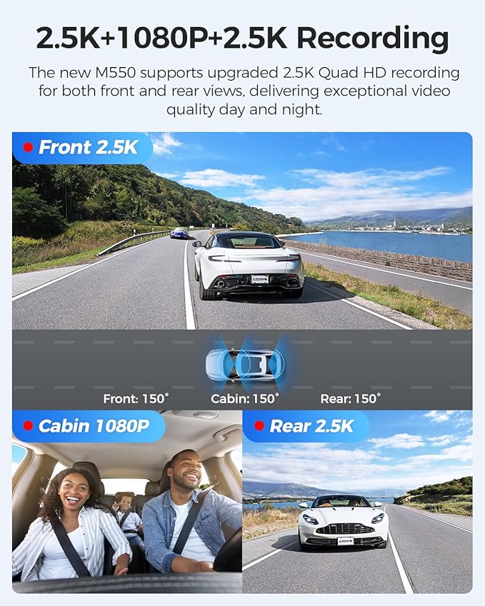 AZDOME M550 3 Channel Dash Cam, 4K+2.5K Front and Rear, 2.5K+1080P+2.5K Front Rear Inside Triple Car Camera Built-in WiFi GPS, 64GB Card Included, 3.19" Screen, WDR IR Night Vision, 24H Parking Mode