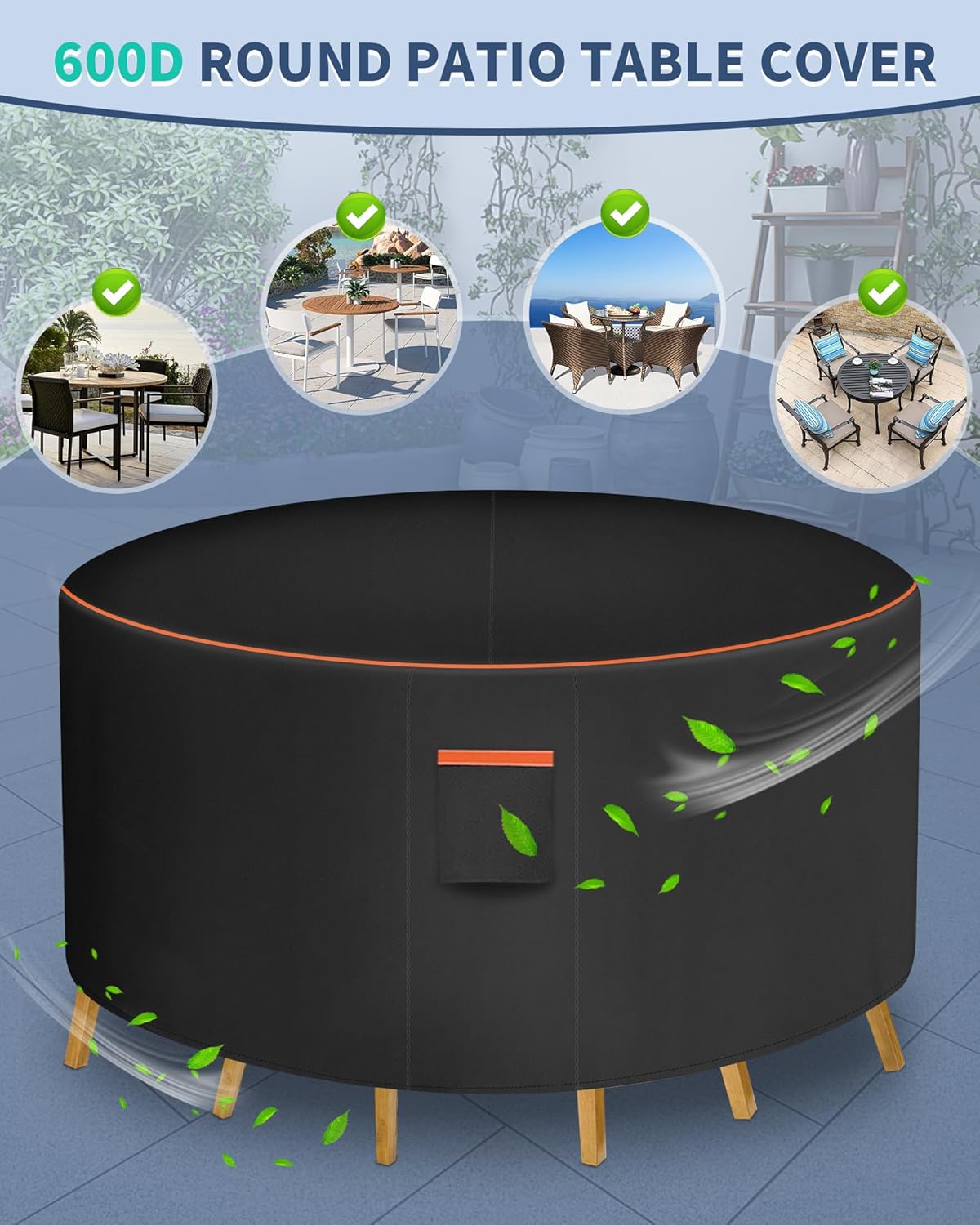 Round Patio Furniture Cover, 110 Inch Diameter Waterproof 600D Heavy Duty Table and Chair Set Protection Black