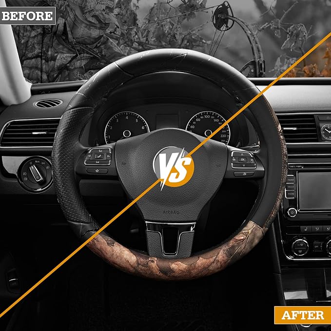 Mossy Oak Full Camo Steering Wheel Cover - Made from Premium Leather, Universal Fit for 14 1/2 to 15 inches - Official Licensed Product - Black Color