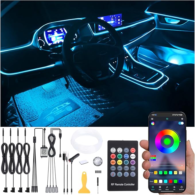 Car Atmosphere Light Kit 5m Fiber Optic Multicolor Sound Active Music Sync Memory Function RF Remote Controller + Bluetooth APP Control 64 Colors USB Car Interior Footwell Ambient Lighting Kit