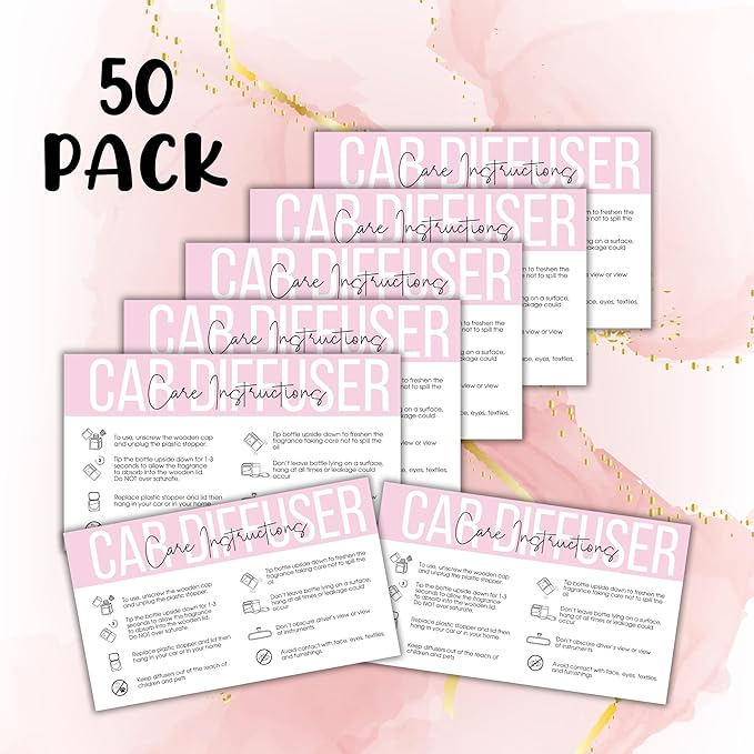 Car Oil Freshie Diffuser Care Freshie Instructions Cards | 50 pk 3.5x2” Hanging Oil Wood Top Aroma Air Freshener DIY Bulk Package Inserts Warning Labels Pink