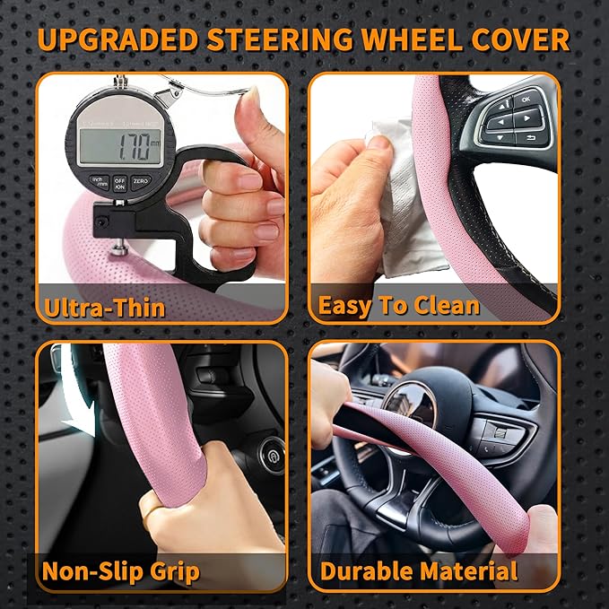 Nappa Leather Steering Wheel Cover, Universal 15 Inch Snap On Car Steering Wheel Cover for Men/Women, Comfortable & Breathable Microfiber Car Accessories Interior (Pink)