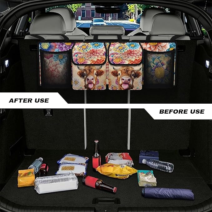 Highland Cow Print Car Trunk Organizer Hanging Car Organizer Back Seat, Hippie Flower Oxford Cloth Seat Back Storage Bag, Will Provide More Space for SUV, Trucks, Van, Sedan
