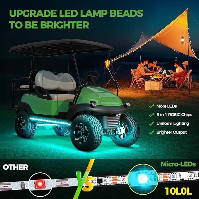 10L0L 4PCS Golf Cart Underbody Light Kit, Underglow LED Light Strip for Yamaha EZGO Club Car, 24 Modes Multicolor RGB Music Sync IP67 Waterproof