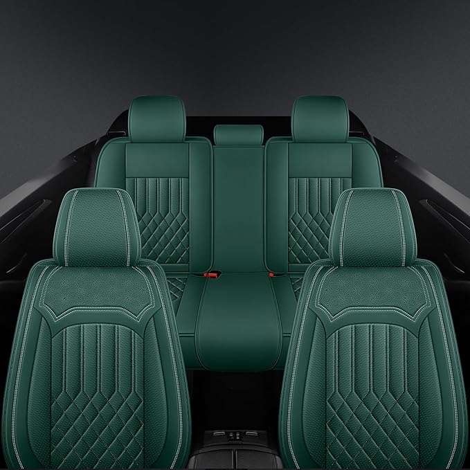 Car Seat Covers for Genesis GV70 2022-2025 2026, Full Set Nappa Leather Waterproof Breathable Anti-Slip Airbag Compatible Car Seats Protector, Car Interior Seats Cover (Green,+Pillow)