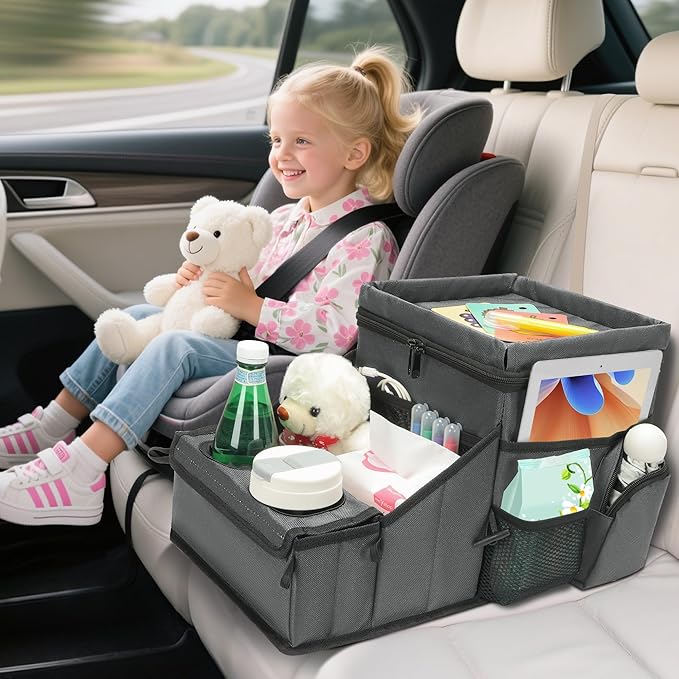Car Seat Organizer, Backseat Car Organizer with Cup Holder Tray and Storages for Kids and Adults, Portable Travel Cooler for Car for Front or Back Seat Passenger Organizer Ccompartment (Grey)