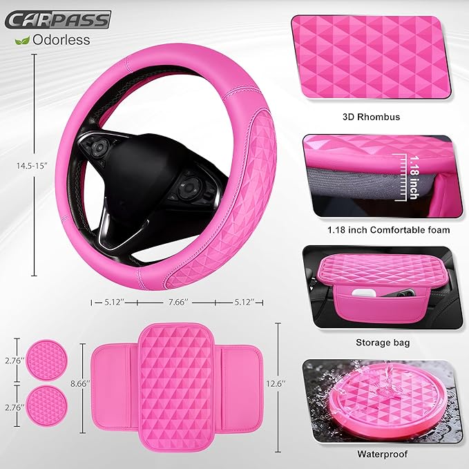 CAR PASS 3D Rhombus Pink Leather Steering Wheel Cover Car Accessories Set, Center Console Armrest Cushion with Storage Bags 2 Non-Slip Cup Coasters, 14.5-15in Cute Car Interior Sets, 4 PCS Hot Pink