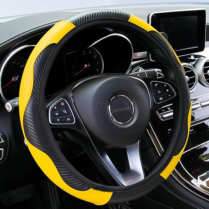 Car Steering Wheel Cover, 15 inch Microfiber Leather Carbon Fiber Soft Anti-Slip Breathable, Universal Size Elastic Car Accessory for Most Cars (Yellow)