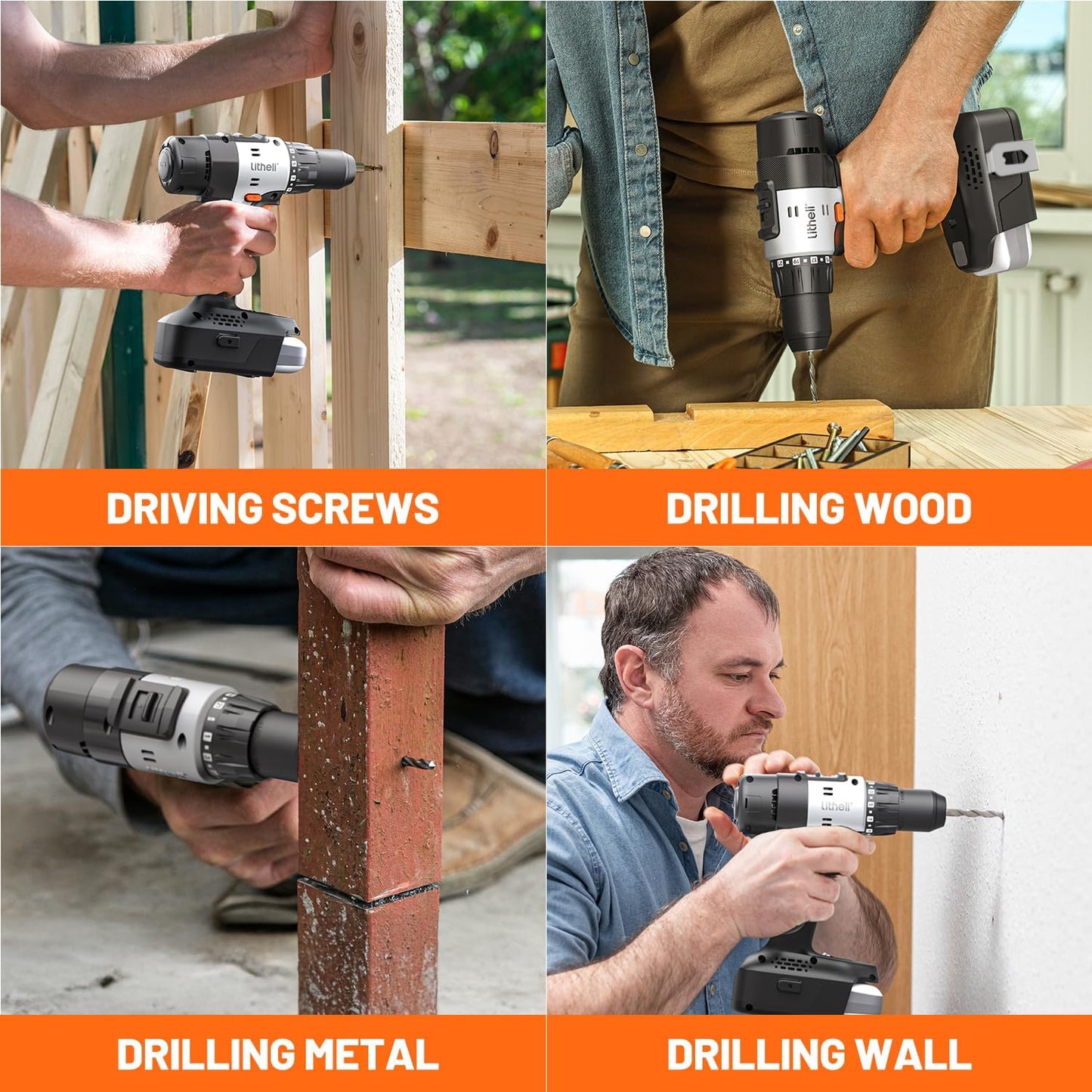 Litheli Cordless Drill Driver, Electric Power Drill with 2 Variable Speed Settings, 1/2 Inch Keyless Chuck, 21+1 Clutch Settings with Maximum Torque of 443 In-lbs (Battery and Charger not Included)