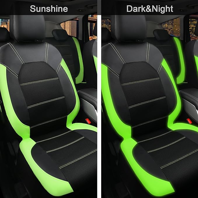 CAR PASS Luminous Green Leather seat Covers Universal Sport car seat Cover, 5mm Composite Sponge Inside, Airbag Compatible fits Most Cars, SUVs,Trucks,Vans (Full Set,Black with Green)