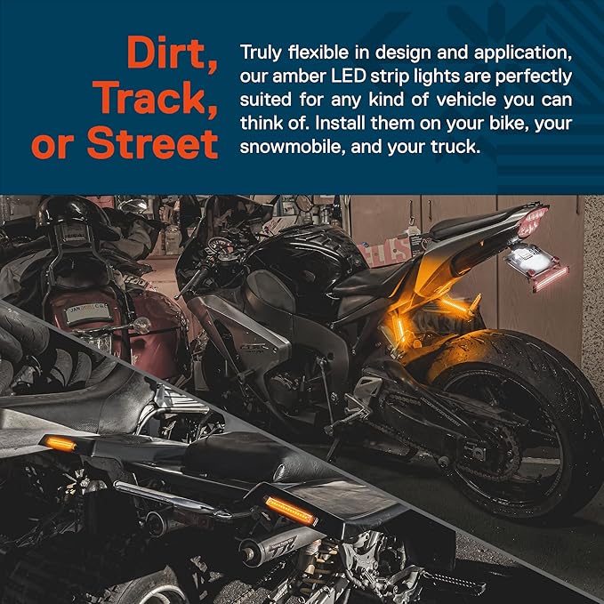 True Mods 2pc 5" Amber LED Motorcycle Running & Turn Signal Tail Light Strip Kit [Waterproof] [Single Row] [50% DRL] [100% Blinker] Self Adhesive Surface Mount Flexible Front Fork Lamp for ATV Bike