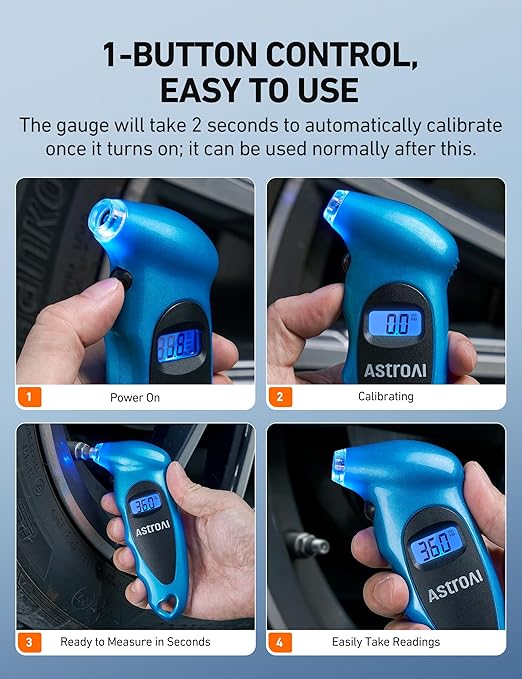 AstroAI Digital Tire Pressure Gauge 0-150PSI Calibrated to ANSI B40.7 +/-1PSI, Accurate in 0.1 Increments, Tire Repair Tools 4 Pressure Measurements for Car Truck with Backlight LCD, Blue