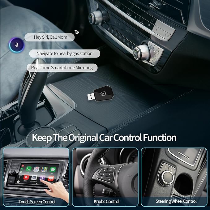 Wireless Carplay Adapter, Android Auto Adapter Plug and Play 2025 Carplay, Convert Wired to Wireless Supports Car Original Control, Mini Car Play Box for Cars