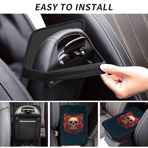 Skull with Red Roses Car Auto Armrest Cushion Cover Accessories Center Console Seat Box Pad Protector Universal Decoration for Most Vehicle SUV Truck