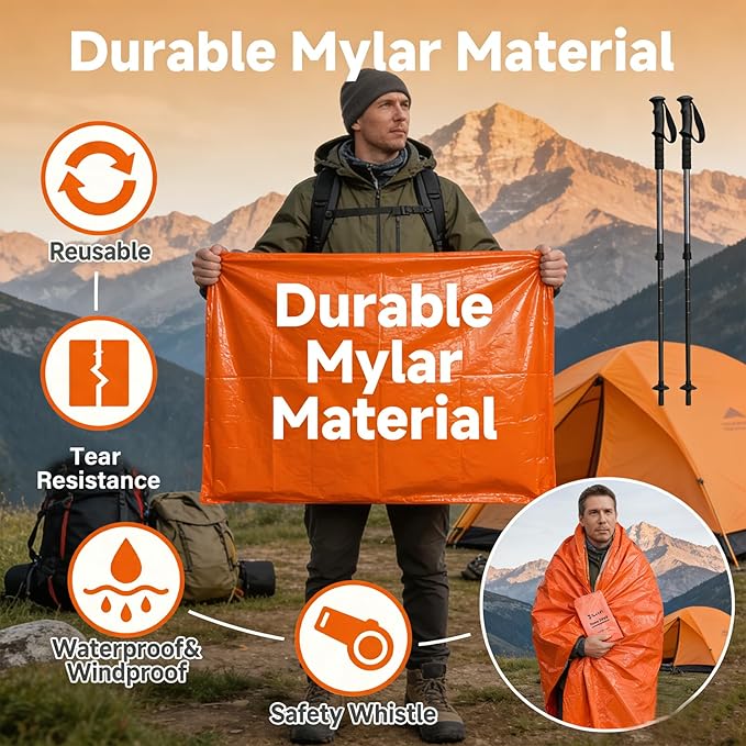 Sleeping Bag, Terrashell Blanket, Emergency Sleeping Bag, Waterproof, Compact Lightweight, Extra Thick, Heat Blanket Survival for Survival Kit Car Camping Gear Hiking Go (65μm) (2PCS)