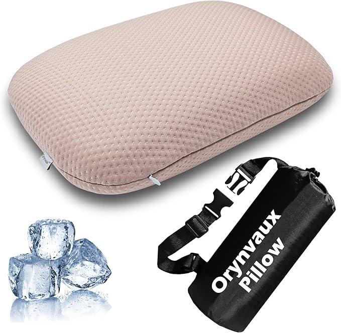 Cooling Camping Pillow, Memory Foam Travel Pillow with Adjustable Buckle Strap & Storage Bag, Compact Small Pillow for Airplane, Car Lumbar, Office, Washable Cooling Cover, Sakura Pink