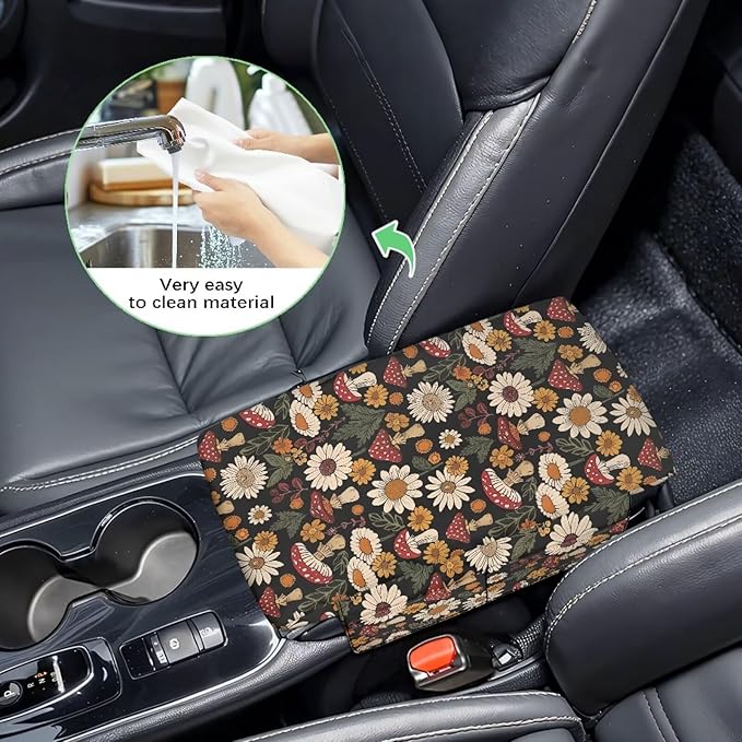 Tupalatus Mushroom Car Armrest Cover with 2 Storage Bags Flowers Universal Center Console Pad Washable Armrest Seat Box Cover Easy Installation Universal Fit for Cars,Trucks & SUVs