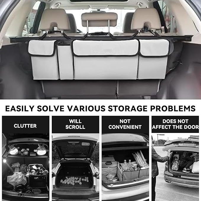 Car Trunk Organizer, Backseat Hanging Large Storage with Adjustable Straps,Waterproof PVC Collapsible Cargo Bag, Car Interior Accessories for Auto SUV MPV (White)