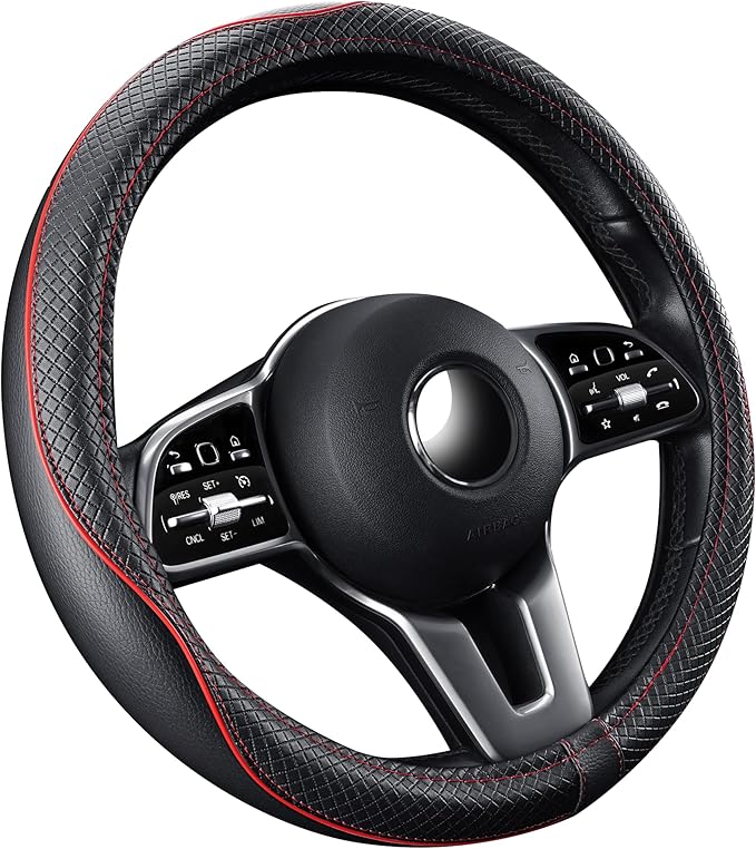GXT Steering Wheel Cover, PU Leather, Universal 15 Inches, Non-Slip, Odourless Car Interior (Black Red)