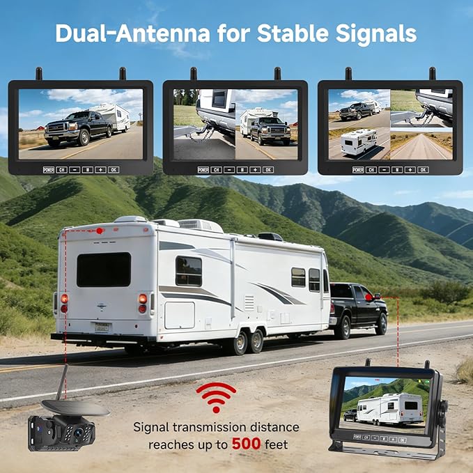 Magnetic Wireless Backup Camera for RV - 15000mAh Battery Solar Powered Reverse camera System with 1080P 7in Monitor, 500ft Stable Range 4CH Split Screen for Horse Trailer Truck Pickup Tractor