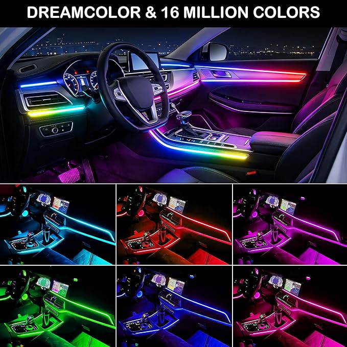 Interior Car LED Strip Lights, RGB 2 in 1 Dynamic Dreamcolor Chasing Acrylic LED Lights for Car, USB Powered Ambient Lighting Kits with Wireless APP, Sound Active Function Car Neon Lights (2 in 1)