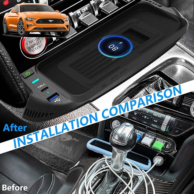 Wireless Car Charger for Ford Mustang 2022 2021 2020 2019 2018 2017 2016 2015, 15W Qi Fast Charging Phone Charger Pad with QC3.0 USB Port for iPhone Galaxy, Gift for Ford Mustang Owners