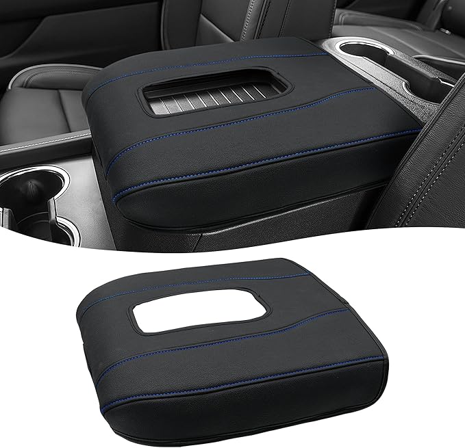Center Console Armrest Cover for Chevy Silverado 1500 Accessories & GMC Sierra 2019-2026, Yukon & Tahoe & Suburban 2021-2026, Bucket Seat, PU Leather Middle Console Lid Cover Pad, Black-Blue Stitch