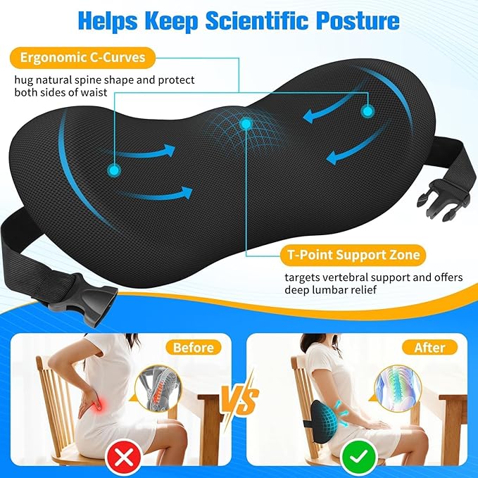 Lumbar Support Pillow for Office Chair - Memory Foam Lumbar Pillow with Detachable Strap & Breathable Cover, Ergonomic Back Support for Office Chair, Car, Bed Rest (Black)