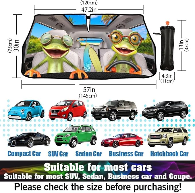 CHILL·TEK Funny Animal Car Windshield Sun Shade Umbrella, Frog Driving Car Sun Shade Umbrella, Block UV Rays Heat Foldable Windshield Umbrella Sun Visor Protector - Keep Vehicle Cool for Cars SUV