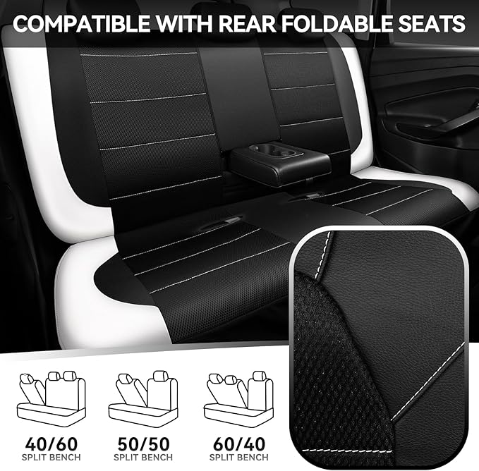 CAR PASS Universal Leather Car Seat Covers Full Set with Sporty Design, Breathable All Season Easy to Clean Anti-slip Wear-Resistant Automotive Seat Covers Fit for Most Cars, SUVs, Trucks, Black White