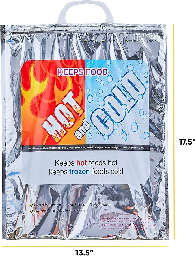 Superio Hot and Cold Insulated Bags for Food Delivery, Grocery Shopping Bags, Food Storage for Hot and Frozen Food for Travel, Disposable Cooler Bag, Reinforced Thermal Lunch Bag (1, 13.5"x17.5")