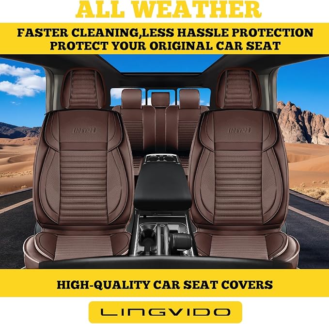 LINGVIDO Full Set Car Seat Covers, Faux Nappa Leather, Airbag Compatible and Waterproof Protectors for Sedans SUVs, Breathable Interior for Active Families, Pets, and Commuters (5 Seats, Brown)