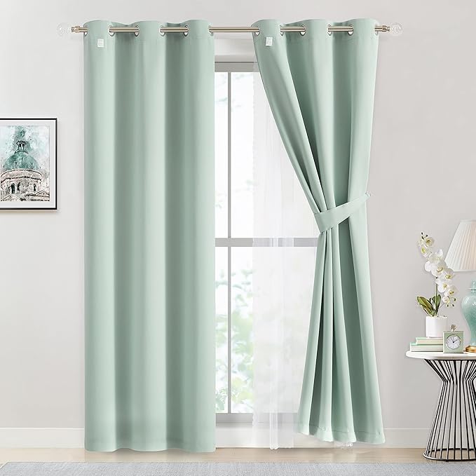 Bujasso Aqua 80% Blackout Curtains with Sheer Overlay Mix and Match Double Layer Thermal Insulated Window Panels 95 inch for Living Room Bedroom Mint Green Drapes with Tiebacks Grommet Top 37"Wx95"Lx2