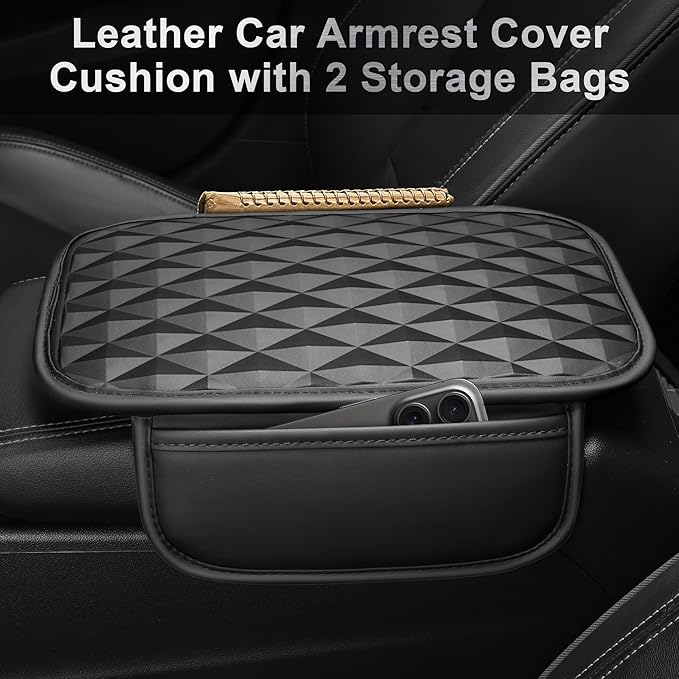 CAR PASS 3D Memory Foam Leather Car Steering Wheel Cover Set, Comfortable Rhombus Leather Center Console Armrest Cushion with Storage Bags Non-Slip 14.5-15in Car Interior Covers Sets, 4 PCS All Black