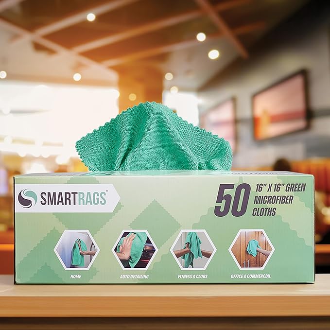 Arkwright Smart Rags Microfiber Cleaning Cloths, Pack of 50 in a Box, Lint Free 215 GSM Reusable Towels for Auto, Office and Household Cleaning, 16 x 16 in, Green