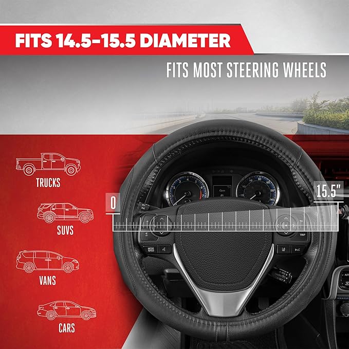 Motor Trend GripDrive Faux Black Leather Steering Wheel Cover for Car Truck Van SUV, Small 14 inch Size, Solid Black Stitched Car Steering Wheel Cover Vehicle & Auto Accessories