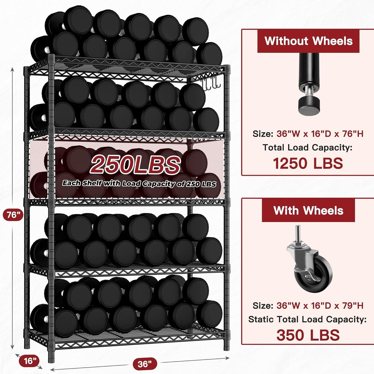 PrimeZone 3 Packs 36" W x 16" D x 79" H Wire Storage Shelves with Wheels, 5 Tier NSF Certified Heavy Duty Adjustable Kitchen Shelving Unit, Pantry Organizer Rack Rolling Metal Shelf for Garage Closet