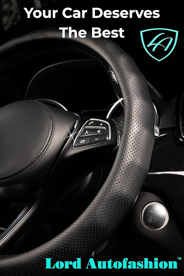 Lord Autofashion Steering Wheel Cover – PU Leather, Non-Slip Rubber Inner, All-Season Comfort – 14.5–15 Inch (Black 8571)