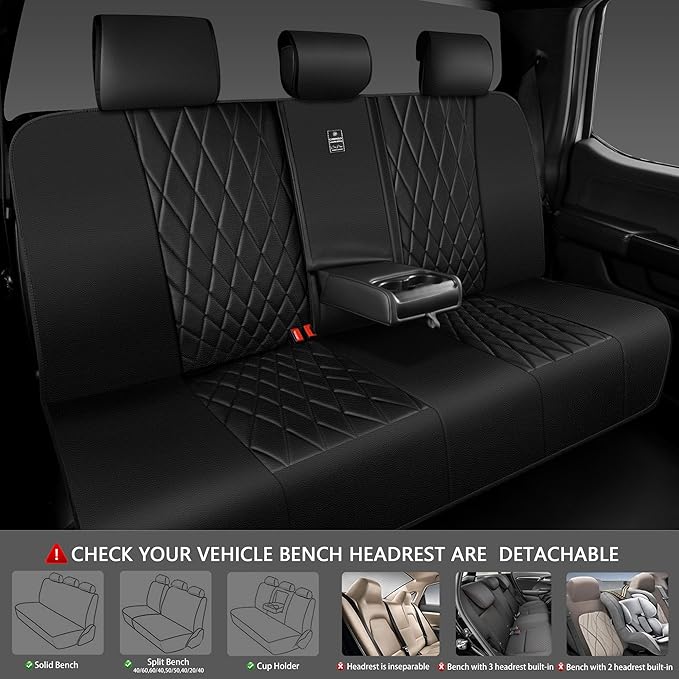 CAR PASS Luxury Faux Leather Rear Bench Car Seat Covers, Waterproof Anti Slip Back Seat Covers, Deluxe Automotive Backseat Cover Universal Fit for Most Cars Sedan SUV Pickup Truck (All Black)