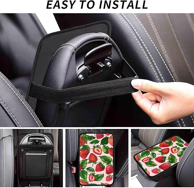 Car Center Console Cover Cute Strawberry Print Armrest Box Lid Protector Cover Pink Arm Rest Cover for SUV Truck Van Sedans Armrest Cushion Pad
