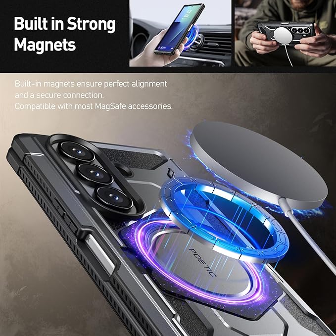 Poetic Spartan for Samsung Galaxy Z Fold 7 Case, [Hinge Protection][Magnetic Ring Adjustable Stand][Built-in Screen Protector][Compatible with MagSafe] Full-Body Rugged Phone Case, Metallic Gun Metal