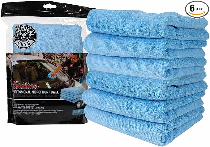 Chemical Guys Workhorse Professional Microfiber Towels, Blue - 6 Pack Ultra-Soft Blend Detailing Towels for Wax, Glaze, Interior, Glass & All-Purpose Cleaning 16" x 16"